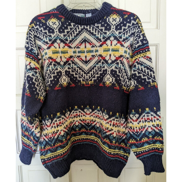 Vintage Fair Isle Icelandic Nordic EMS Sweater L 100% Wool Heavy